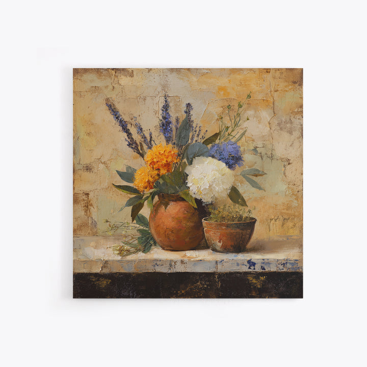 Antique Copper Pot and Flowers Still Life Framed Canvas Print, French Country Art, Wall Art, Farmhouse Decor, Oil Painting, FCA-1x1-48
