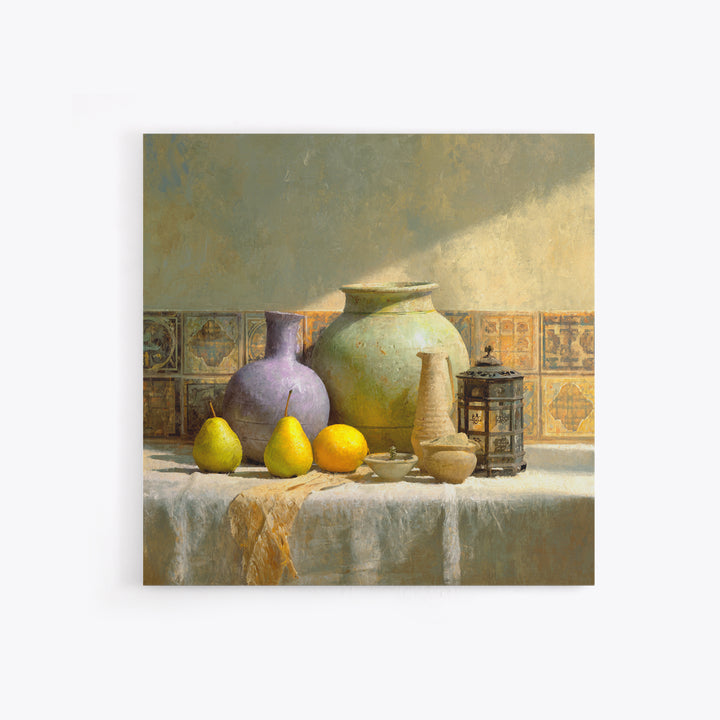 Pear Still Life on Linen Tablecloth Framed Canvas Print, French Country Art, Digital Art Prints, Farmhouse Decor, Abstract Art, FCA-1x1-52