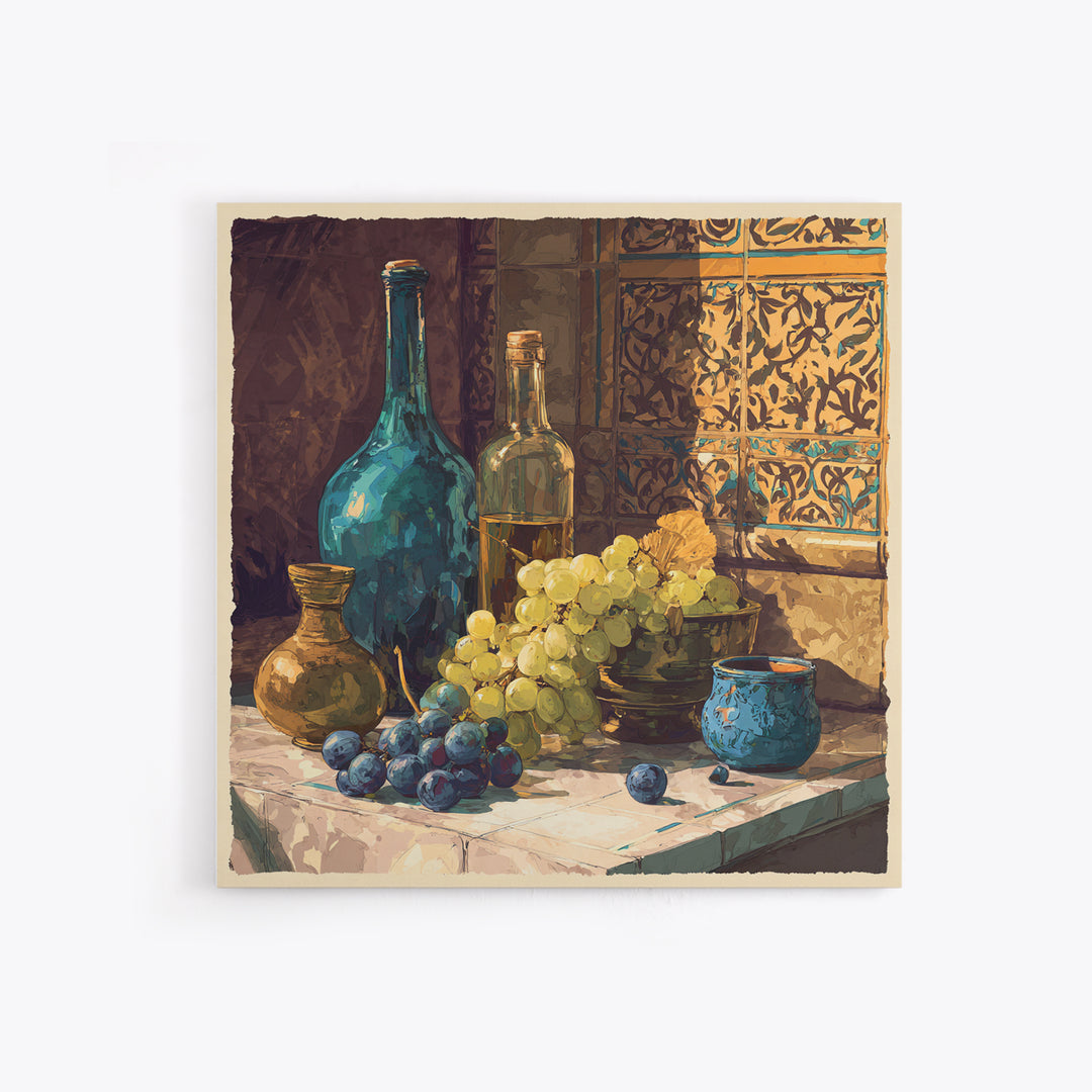 Grapes and Wine Still Life Framed Canvas Print, French Country Art, French Country Decor, Farmhouse Decor, Abstract Art, FCA-1x1-57