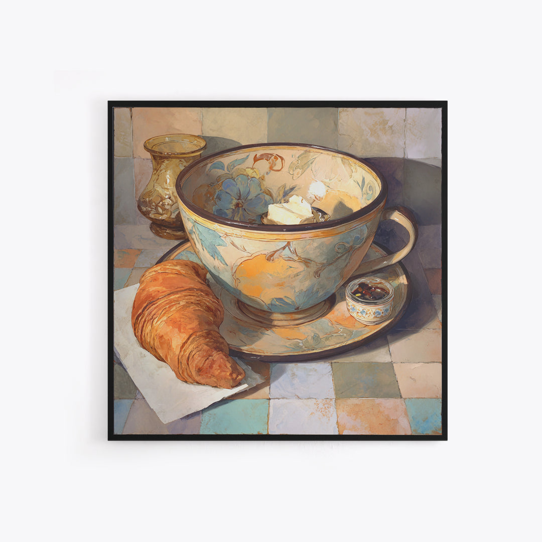 Caf Au Lait Bowl Framed Canvas Print, French Country Art, Digital Art Prints, Farmhouse Decor, Watercolor Art, Country, FCA-1x1-58