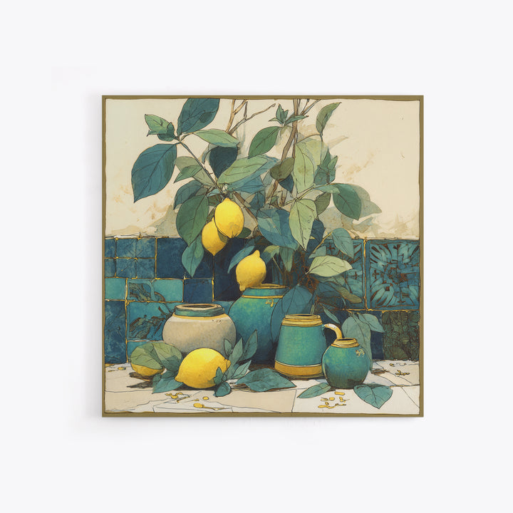 Aged Botanical Plate of Lemons and Leaves Canvas Print, French Country Art, Botanical Wall Art, Farmhouse Decor, Country, FCA-1x1-60