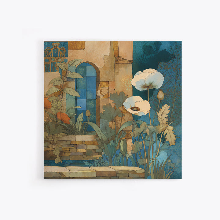 Poppies Beside a Stone Garden Wall Framed Canvas Print, French Country Art, Landscape Wall Art, Farmhouse Decor, Oil Painting, FCA-1x1-63