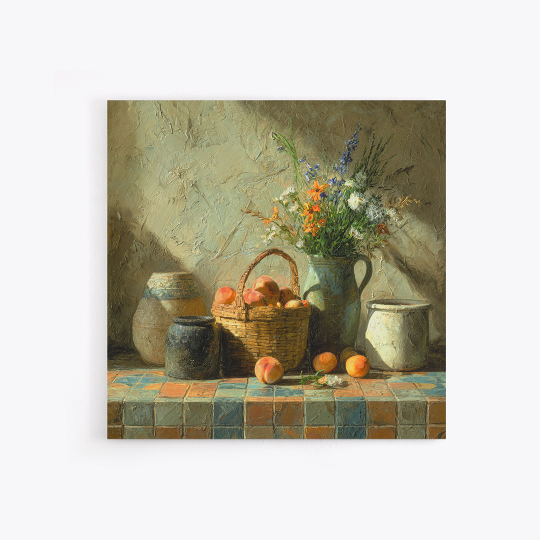 Basket of Fresh Peaches and Wildflowers Canvas Print, French Country Art, Eclectic Wall Art, Farmhouse Decor, Country, FCA-1x1-68