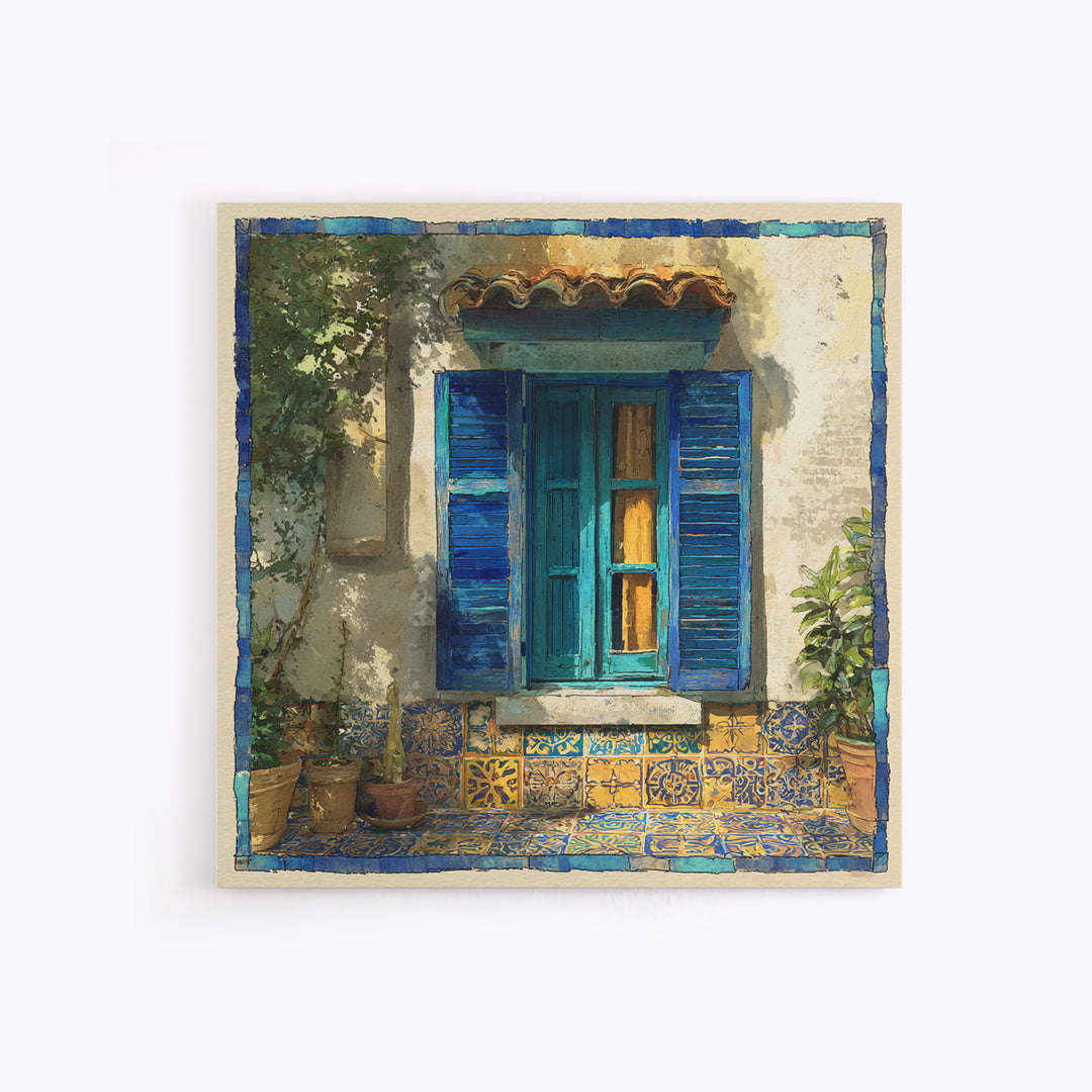 Weathered Window with Blue Shutters Canvas Print, French Country Art, Botanical Wall Art, Farmhouse Decor, Watercolor Art, FCA-1x1-69