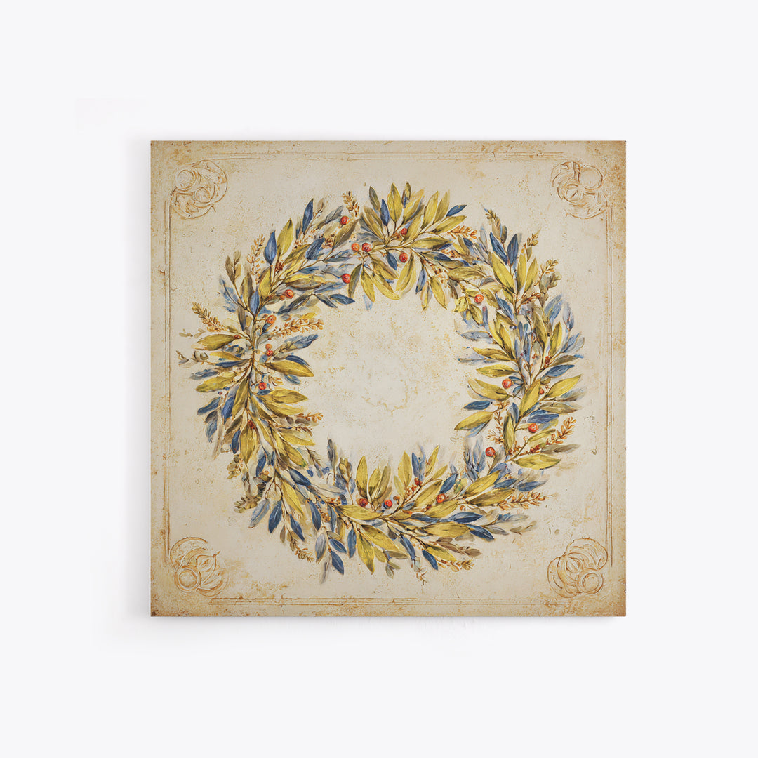 Olive Branch Wreath on Cream Ground Canvas Print, French Country Art, Farmhouse Wall Decor, Farmhouse Decor, Country, FCA-1x1-70