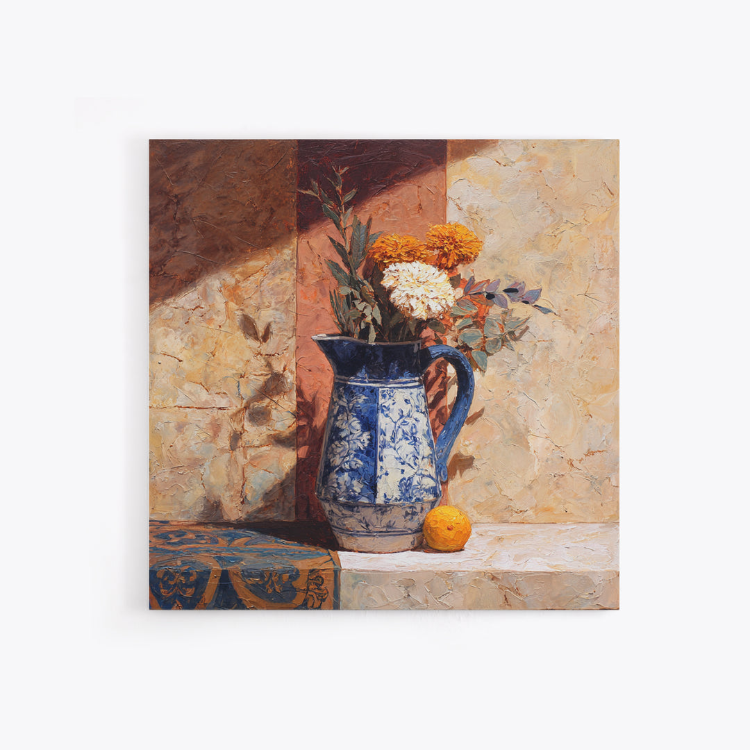 Blue and White Ceramic Pitcher Canvas Print, French Country Art, Digital Download Art, Farmhouse Decor, Fine Art, Country, FCA-1x1-75