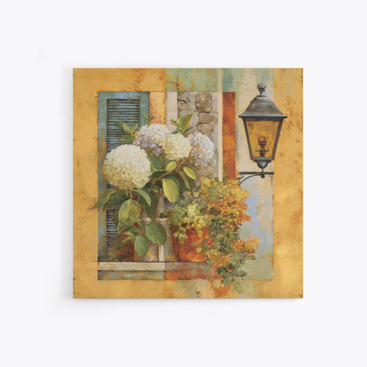 Soft Hydrangeas Beside Antique Shutters Framed Canvas Print, French Country Art, Home Decor, Farmhouse Decor, Fine Art, Country, FCA-1x1-80