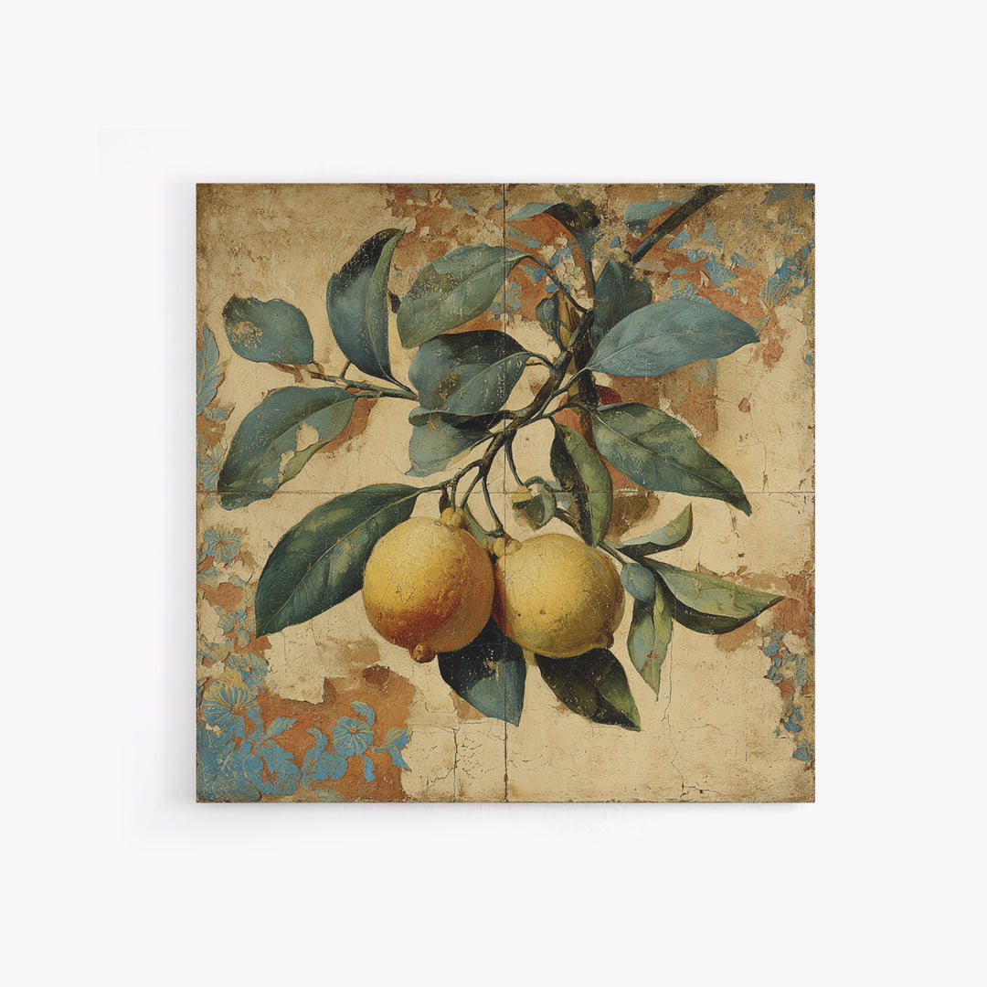 Aged Botanical Plate of Lemons and Leaves Canvas Print, French Country Art, Landscape Wall Art, Farmhouse Decor, Country, FCA-1x1-84