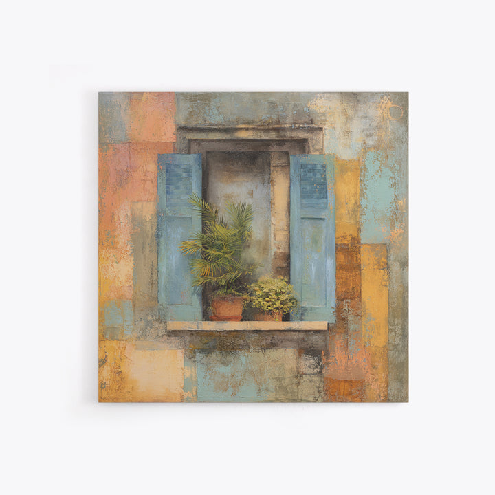 Weathered Window with Blue Shutters Framed Canvas Print, French Country Art, Landscape Wall Art, Farmhouse Decor, Oil Painting, FCA-1x1-93