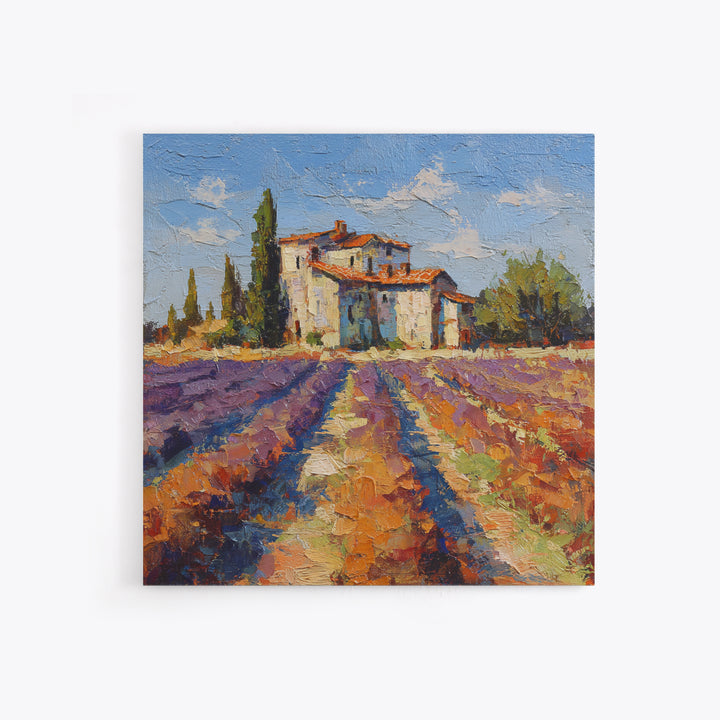Lavender Field with Distant Stone Farmhouse Canvas Print, French Country Art, Farmhouse Decor, Oil Painting, Country, FCA-1x1-97