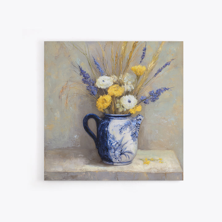 Blue and White Ceramic Pitcher Canvas Print, French Country Art, Farmhouse Decor, Oil Painting, Country, Digital Wall Art, FCA-1x1-99
