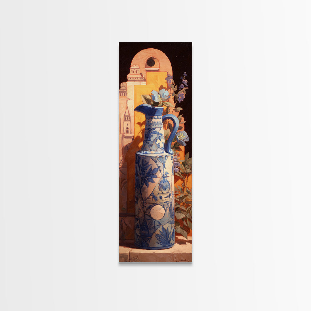 Blue and White Ceramic Pitcher Framed Canvas Print, French Country Art, Landscape Wall Art, Farmhouse Decor, Fine Art, Country, FCA-1x3-15