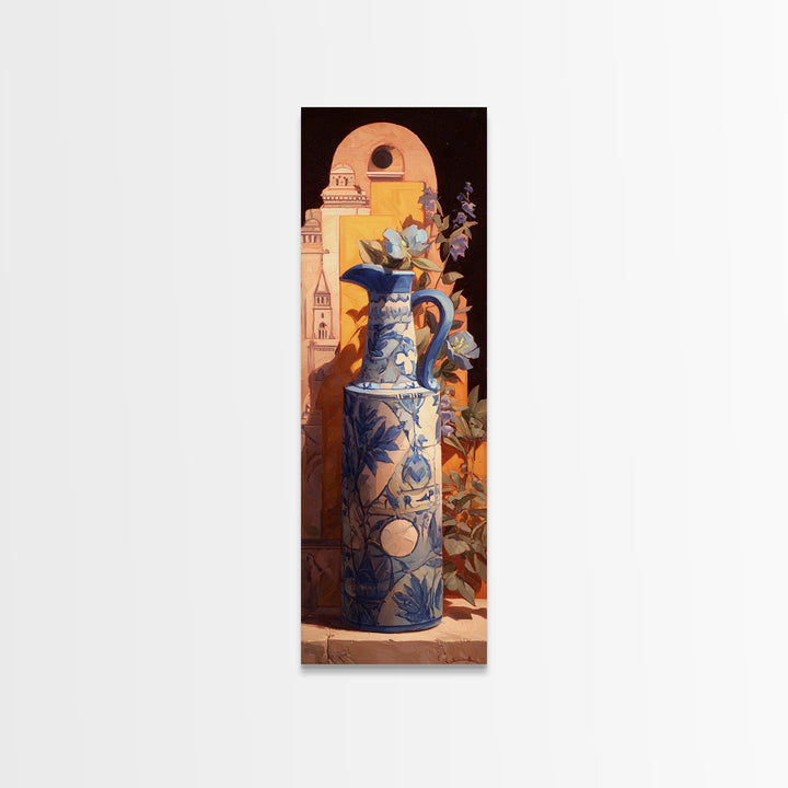 Blue and White Ceramic Pitcher Framed Canvas Print, French Country Art, Landscape Wall Art, Farmhouse Decor, Fine Art, Country, FCA-1x3-15
