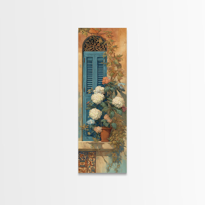 Soft Hydrangeas Beside Antique Shutters Framed Canvas Print, French Country Art, Eclectic Wall Art, Farmhouse Decor, Country, FCA-1x3-20