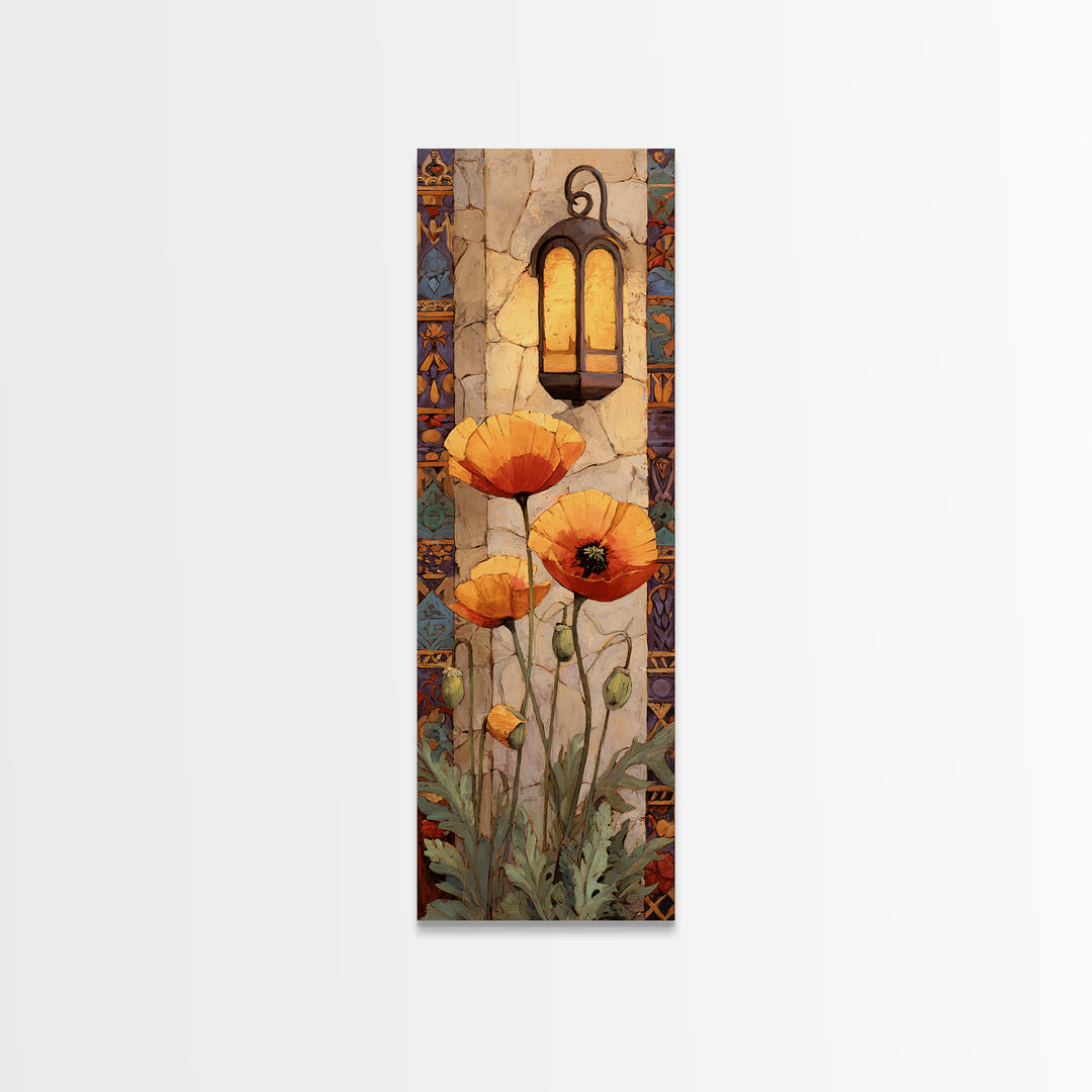 Poppies Beside a Stone Garden Wall Canvas Print, French Country Art, Digital Download Art, Farmhouse Decor, Watercolor Art, FCA-1x3-27