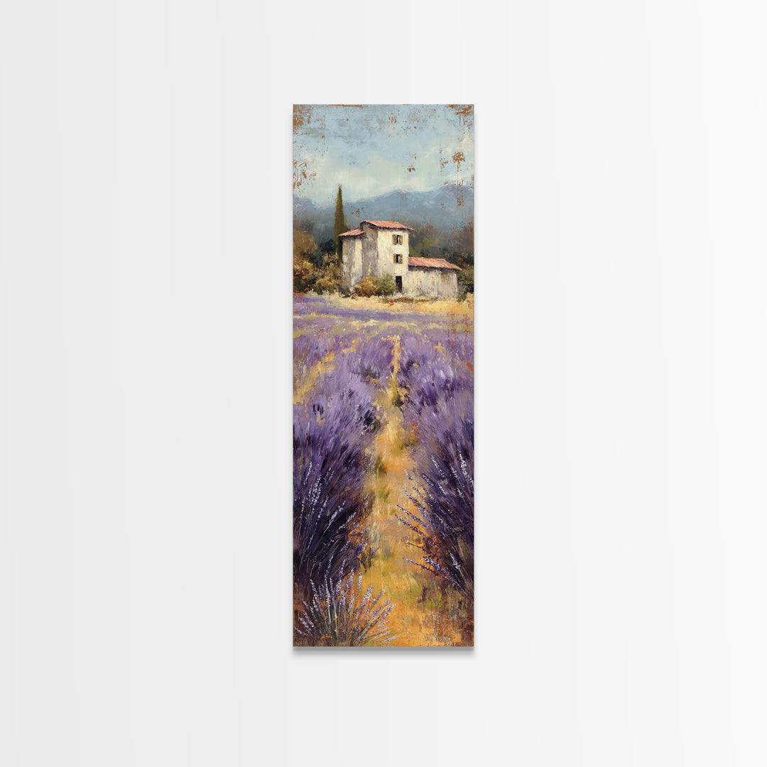 Lavender Field with Distant Stone Farmhouse Canvas Print, French Country Art, Landscape Painting, Farmhouse Decor, Country, FCA-1x3-37