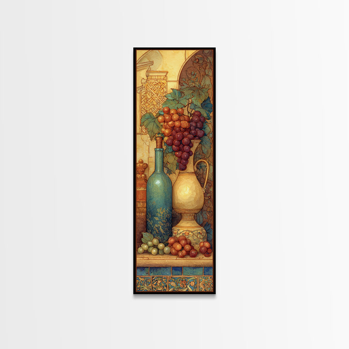 Grapes and Wine Still Life Framed Canvas Print, French Country Art, French Country Decor, Farmhouse Decor, Oil Painting, FCA-1x3-45