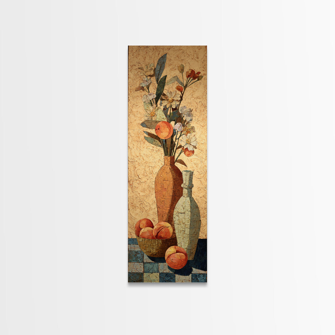 Basket of Fresh Peaches and Wildflowers Canvas Print, French Country Art, Statement Artwork, Farmhouse Decor, Fine Art, Country, FCA-1x3-56