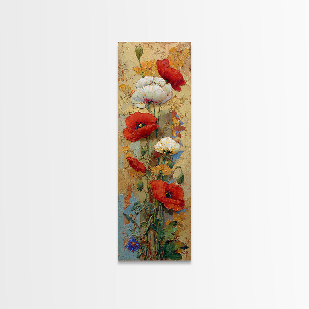 Poppies Beside a Stone Garden Wall Framed Canvas Print, French Country Art, Wall Art, Farmhouse Decor, Oil Painting, Country, FCA-1x3-75