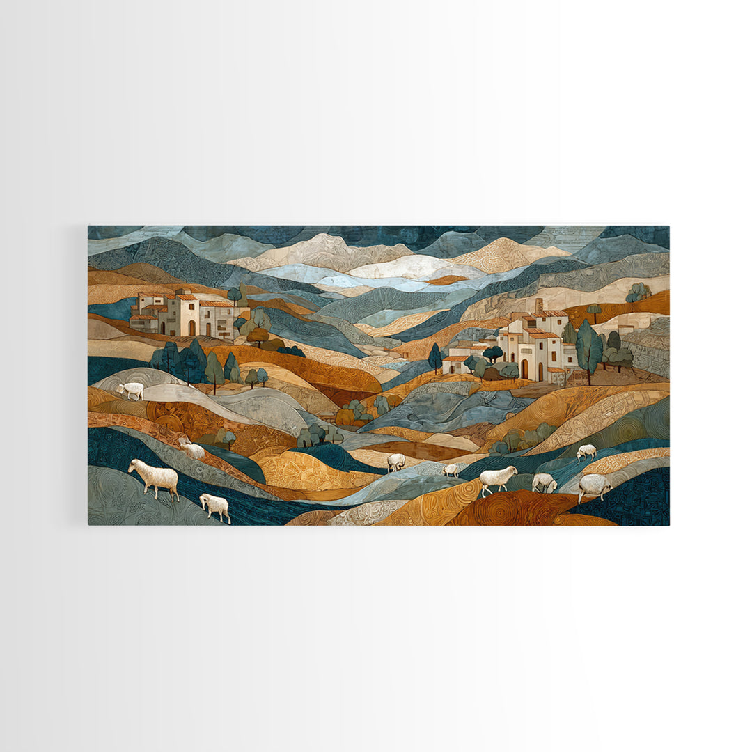 Pastoral Sheep in Rolling Countryside Framed Canvas Print, French Country Art, Home Decor, Farmhouse Decor, Fine Art, Country, FCA-2x1-10