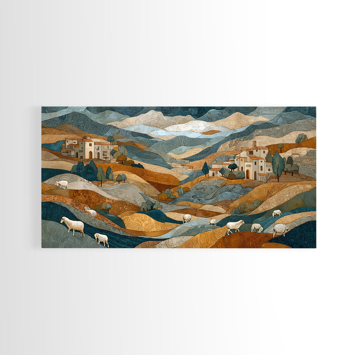 Pastoral Sheep in Rolling Countryside Framed Canvas Print, French Country Art, Home Decor, Farmhouse Decor, Fine Art, Country, FCA-2x1-10