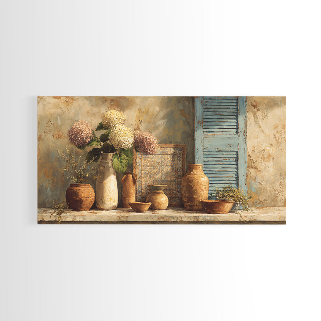 Soft Hydrangeas Beside Antique Shutters Framed Canvas Print, French Country Art, Floral Wall Art, Farmhouse Decor, Country, FCA-2x1-100