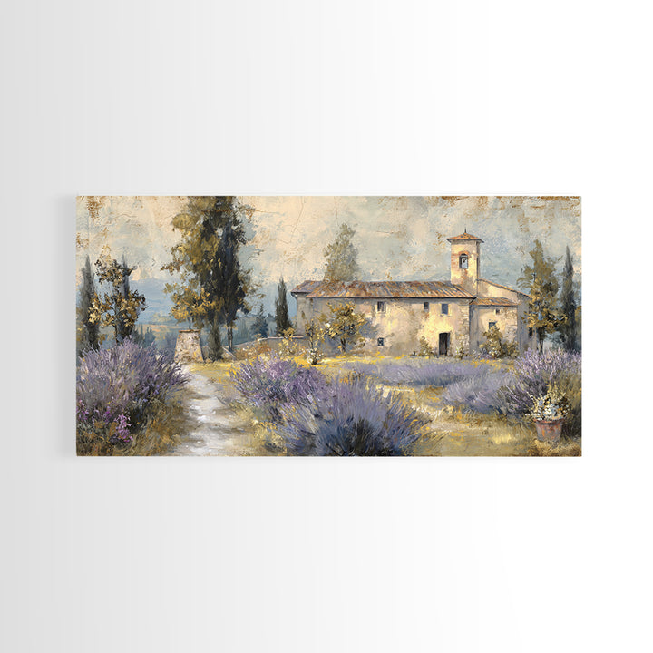 Lavender Field with Distant Stone Farmhouse Canvas Print, French Country Art, Farmhouse Decor, Oil Painting, Country, FCA-2x1-21