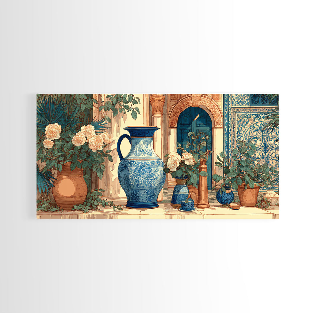 Blue and White Ceramic Pitcher Framed Canvas Print, French Country Art, Wall Art, Farmhouse Decor, Watercolor Art, Country, FCA-2x1-23