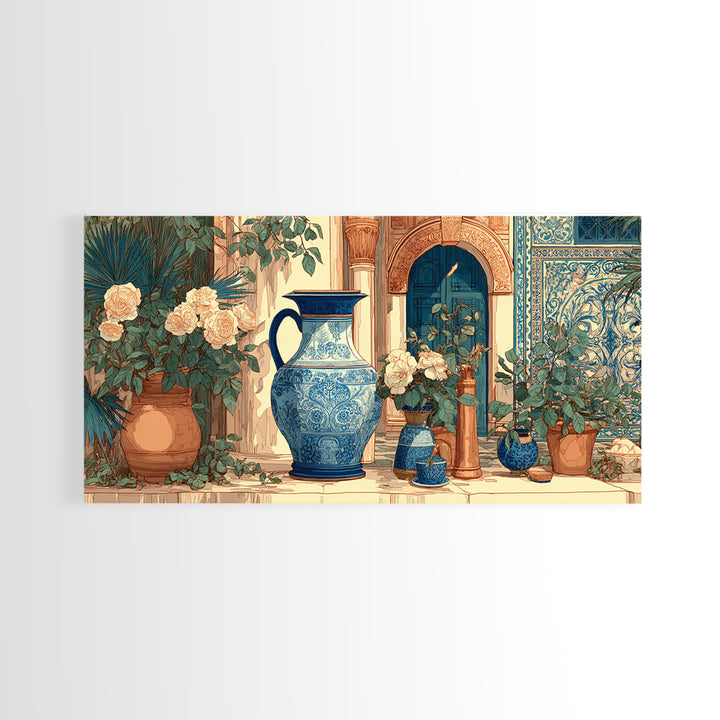 Blue and White Ceramic Pitcher Framed Canvas Print, French Country Art, Wall Art, Farmhouse Decor, Watercolor Art, Country, FCA-2x1-23