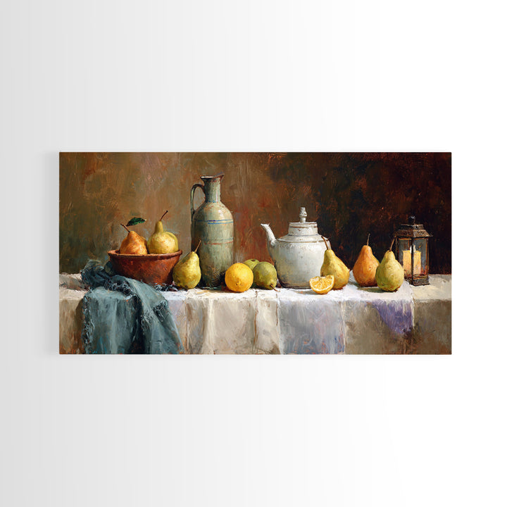 Pear Still Life on Linen Tablecloth Framed Canvas Print, French Country Art, Room Decor, Farmhouse Decor, Fine Art, Country, FCA-2x1-24
