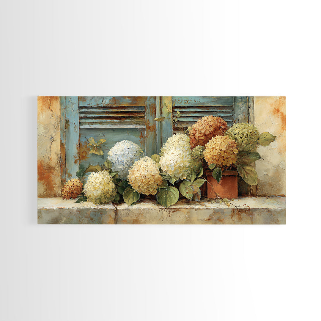 Soft Hydrangeas Beside Antique Shutters Framed Canvas Print, French Country Art, Textured Painting, Farmhouse Decor, Country, FCA-2x1-28