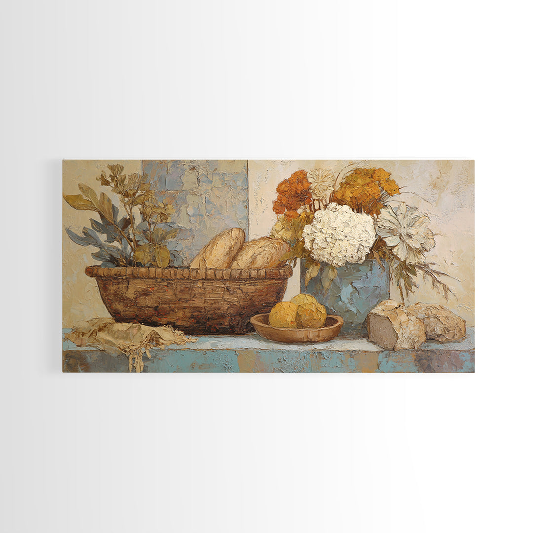 French Market Basket Framed Canvas Print, French Country Art, Digital Wall Art, Farmhouse Decor, Oil Painting, Country, FCA-2x1-3