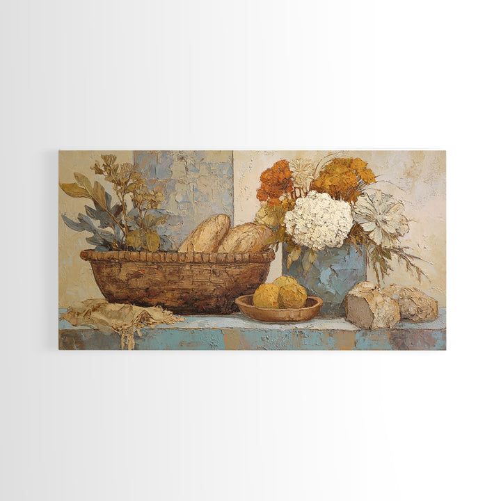 French Market Basket Framed Canvas Print, French Country Art, Digital Wall Art, Farmhouse Decor, Oil Painting, Country, FCA-2x1-3