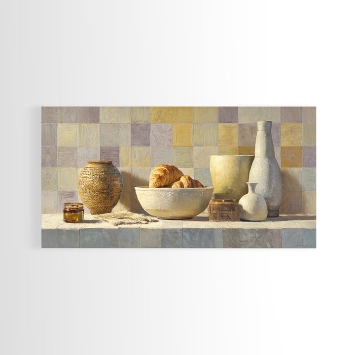 Caf Au Lait Bowl Framed Canvas Print, French Country Art, Above Bed Art, Farmhouse Decor, Fine Art, Country, Textured Painting, FCA-2x1-30