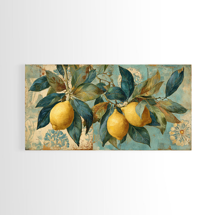 Aged Botanical Plate of Lemons and Leaves Canvas Print, French Country Art, Farmhouse Decor, Watercolor Art, Country, FCA-2x1-32