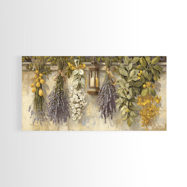 Farmhouse Kitchen Herbs Tied Framed Canvas Print, French Country Art, Above Bed Art, Farmhouse Decor, Fine Art, Country, FCA-2x1-33