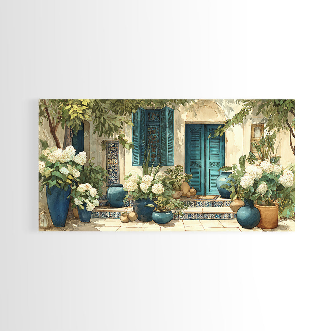 Soft Hydrangeas Beside Antique Shutters Canvas Print, French Country Art, Statement Artwork, Farmhouse Decor, Fine Art, Country, FCA-2x1-4
