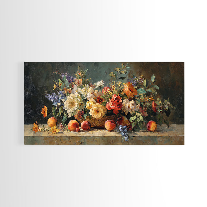Basket of Fresh Peaches and Wildflowers Framed Canvas Print, French Country Art, Contemporary Art, Farmhouse Decor, Country, FCA-2x1-40
