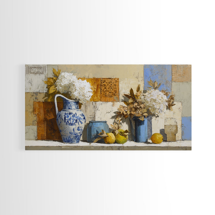 Blue and White Ceramic Pitcher Canvas Print, French Country Art, Oil Painting, Farmhouse Decor, Watercolor Art, Country, FCA-2x1-47