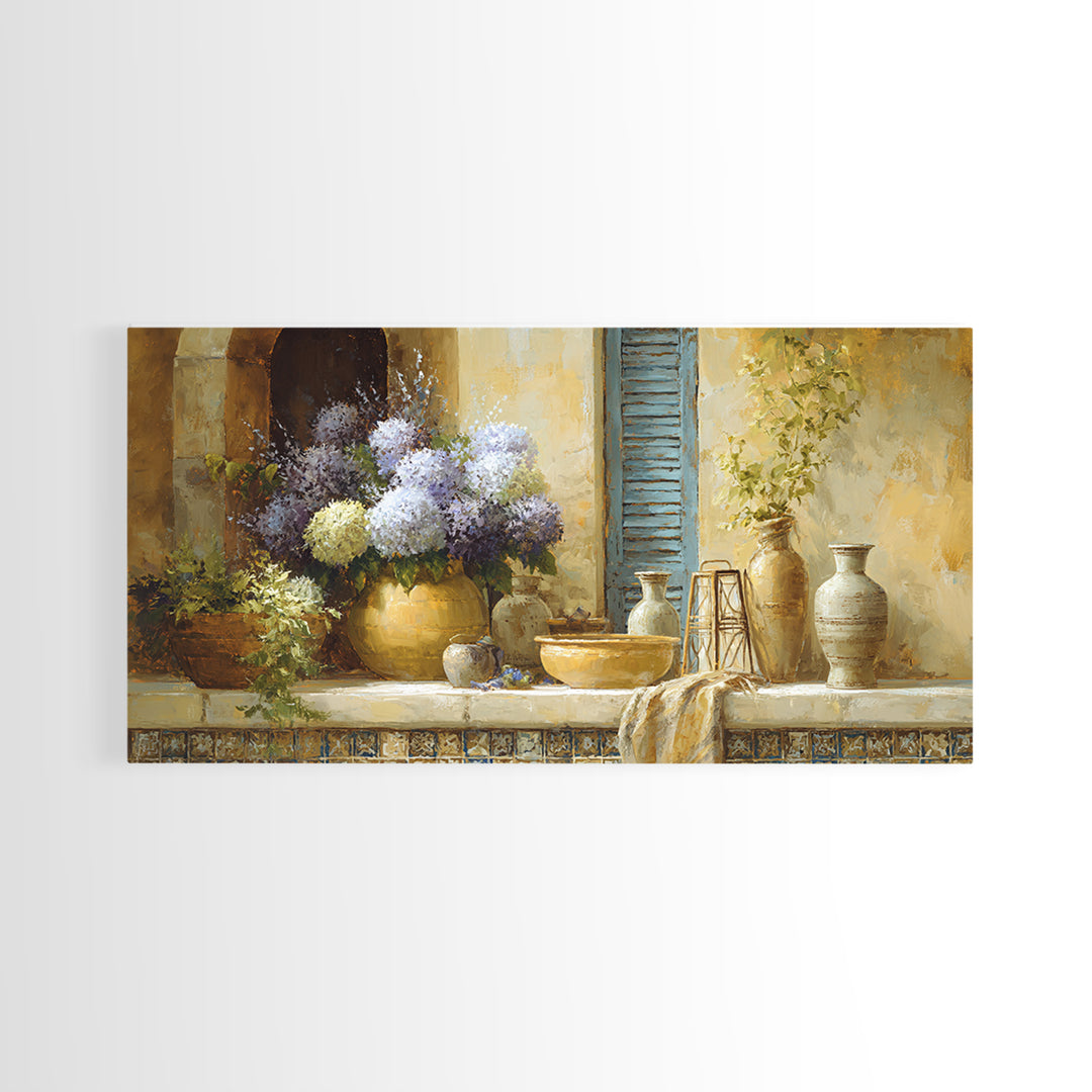 Soft Hydrangeas Beside Antique Shutters Canvas Print, French Country Art, Digital Prints, Farmhouse Decor, Fine Art, Country, FCA-2x1-52