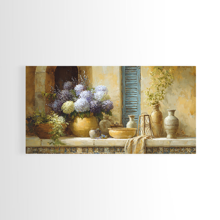Soft Hydrangeas Beside Antique Shutters Canvas Print, French Country Art, Digital Prints, Farmhouse Decor, Fine Art, Country, FCA-2x1-52