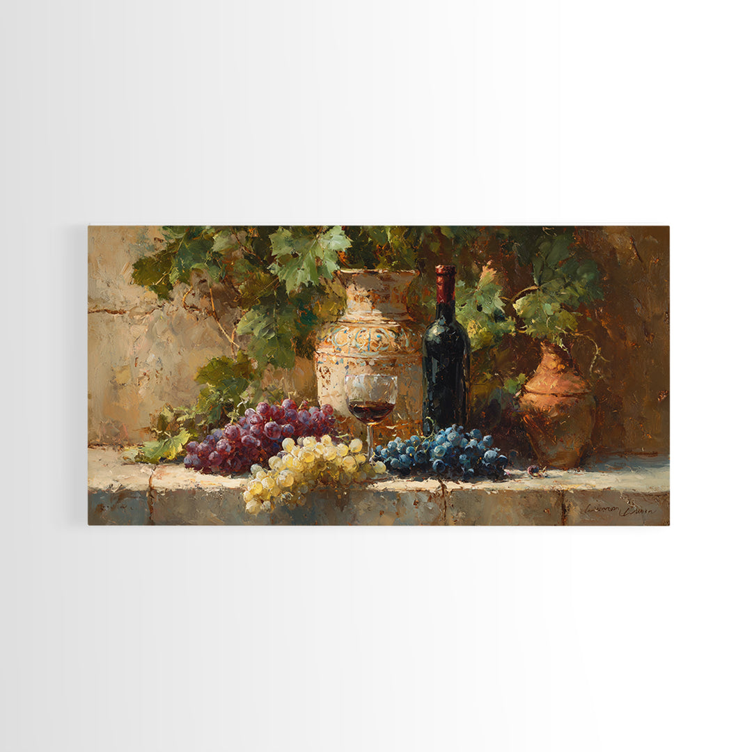 Grapes and Wine Still Life Canvas Print, French Country Art, Farmhouse Decor, Oil Painting, Country, Digital Wall Art, FCA-2x1-53