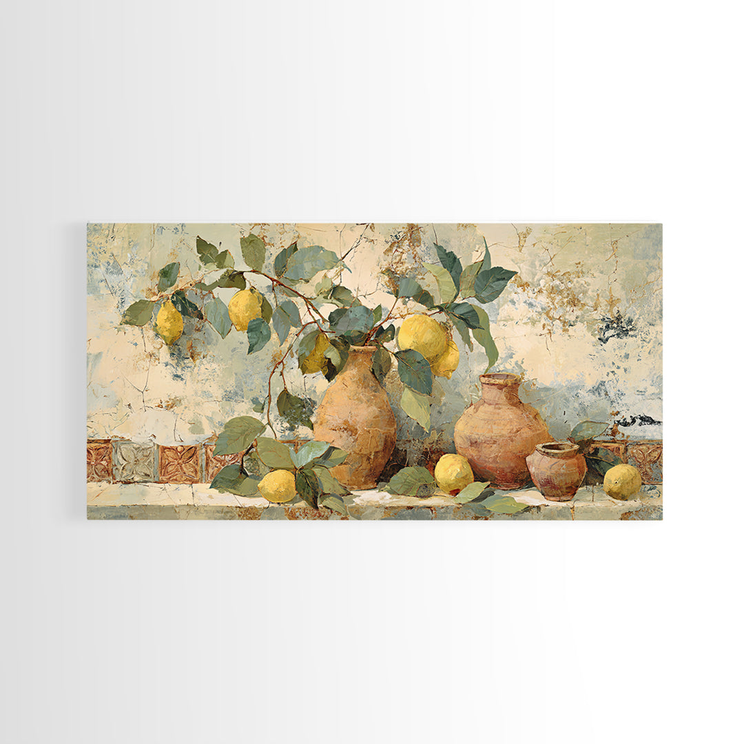 Aged Botanical Plate of Lemons and Leaves Framed Canvas Print, French Country Art, Digital Art, Farmhouse Decor, Country, FCA-2x1-56