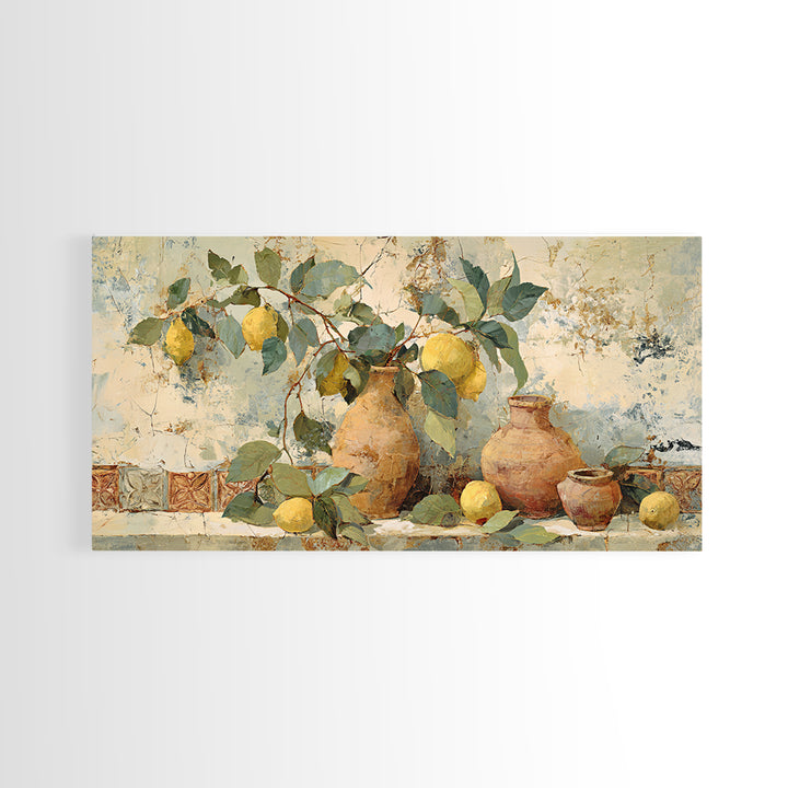 Aged Botanical Plate of Lemons and Leaves Framed Canvas Print, French Country Art, Digital Art, Farmhouse Decor, Country, FCA-2x1-56
