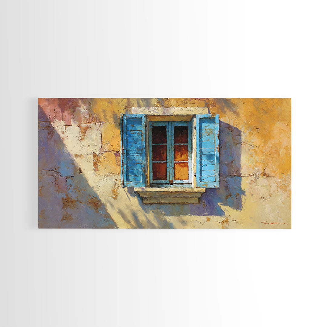 Weathered Window with Blue Shutters Framed Canvas Print, French Country Art, Boho Decor, Farmhouse Decor, Abstract Art, Country, FCA-2x1-65
