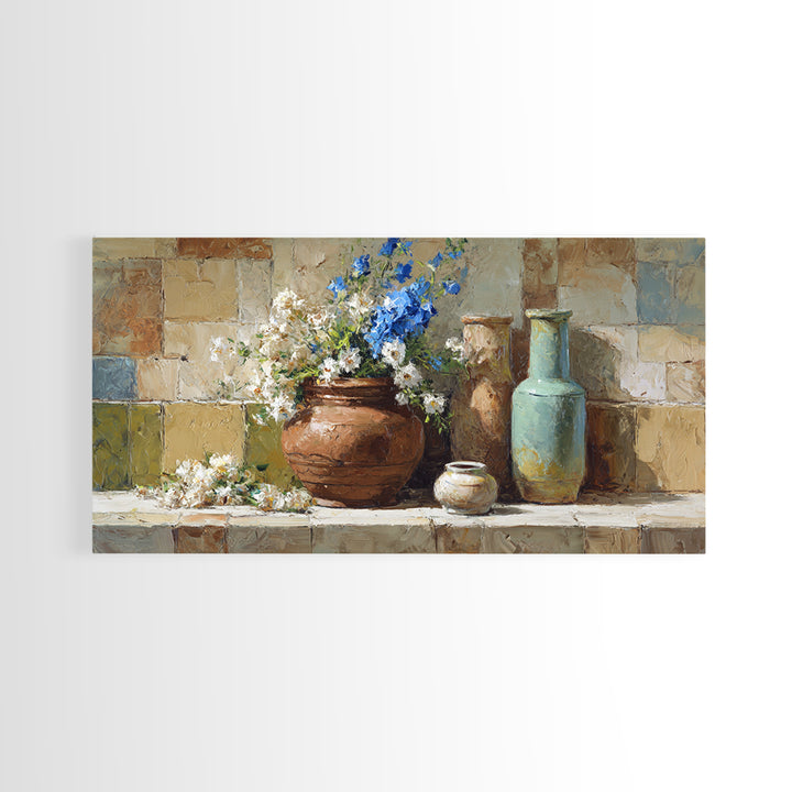 Antique Copper Pot and Flowers Still Life Canvas Print, French Country Art, Oil Painting, Farmhouse Decor, Watercolor Art, FCA-2x1-68