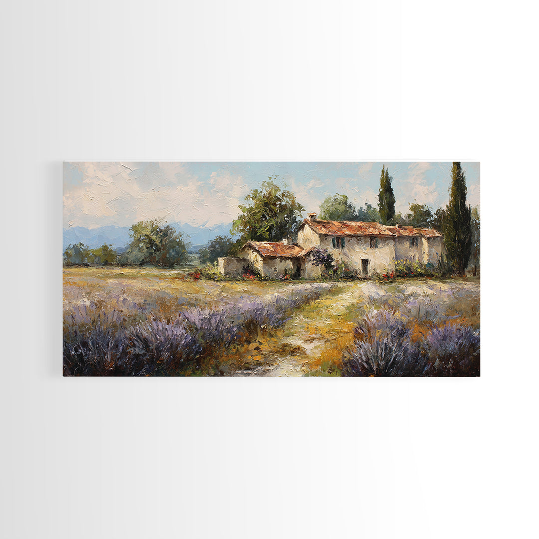 Lavender Field with Distant Stone Farmhouse Canvas Print, French Country Art, Minimalist Decor, Farmhouse Decor, Country, FCA-2x1-69