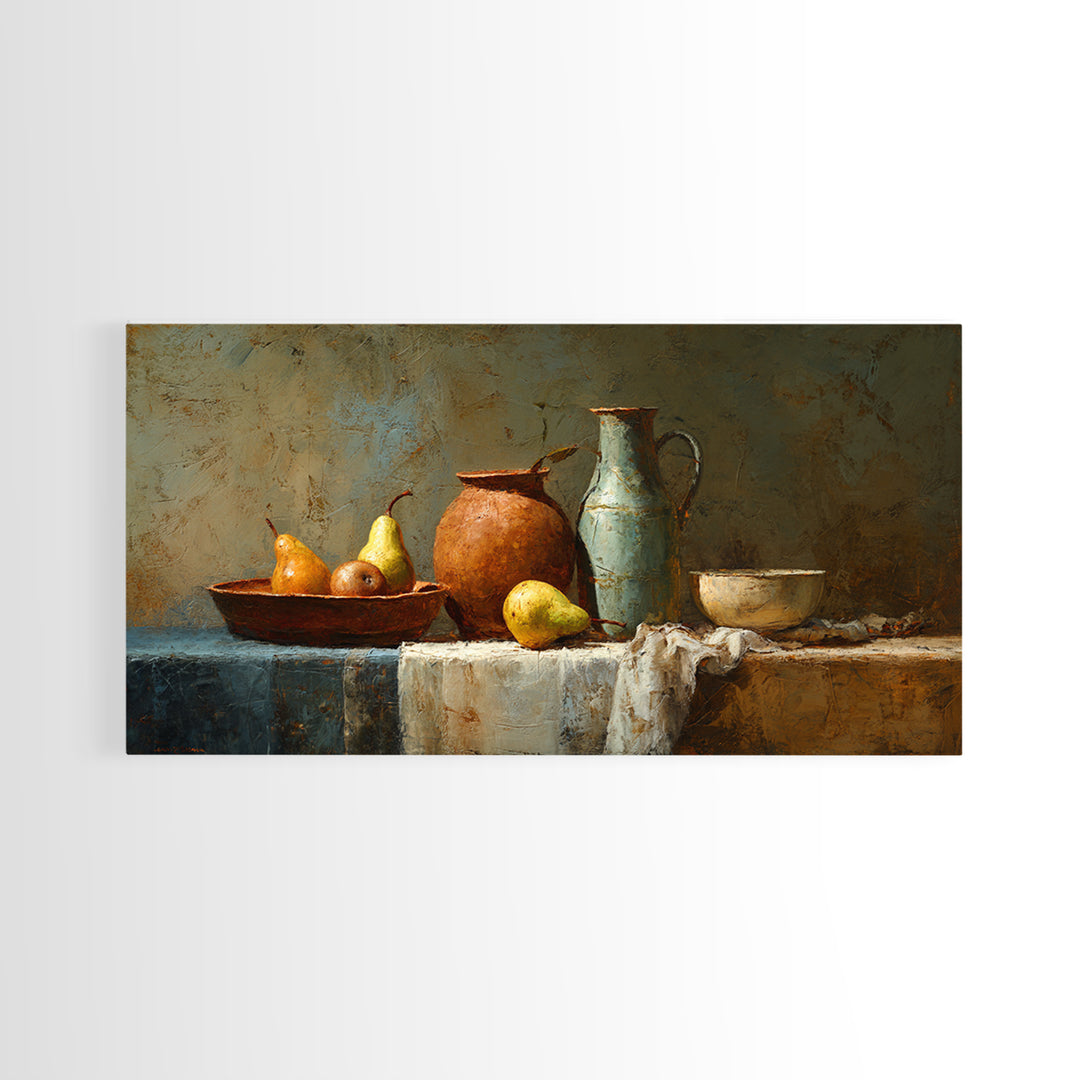 Pear Still Life on Linen Tablecloth Framed Canvas Print, French Country Art, Digital Wall Art, Farmhouse Decor, Abstract Art, FCA-2x1-72
