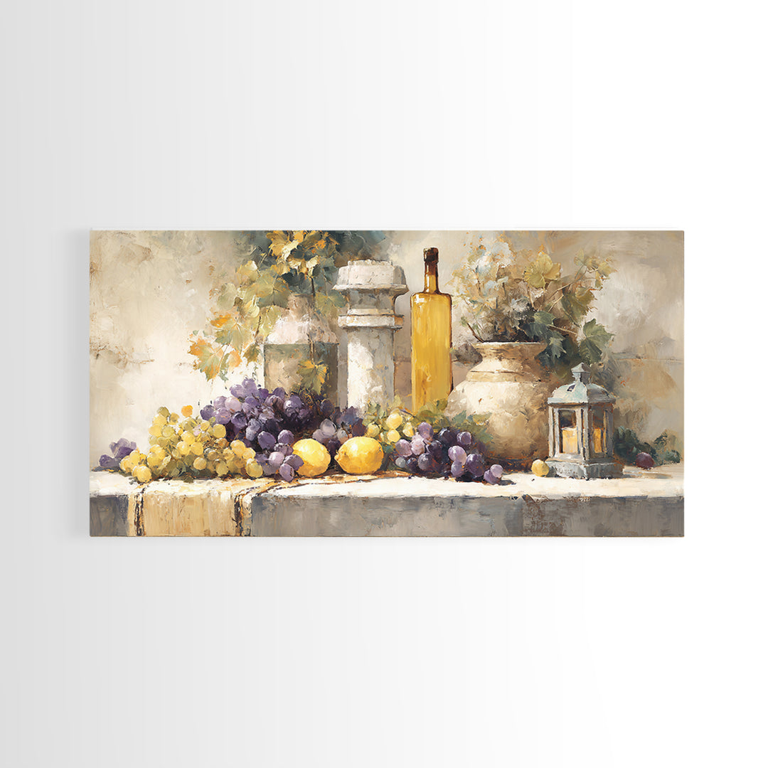 Grapes and Wine Still Life Canvas Print, French Country Art, Farmhouse Decor, Oil Painting, Country, Digital Wall Art, FCA-2x1-77