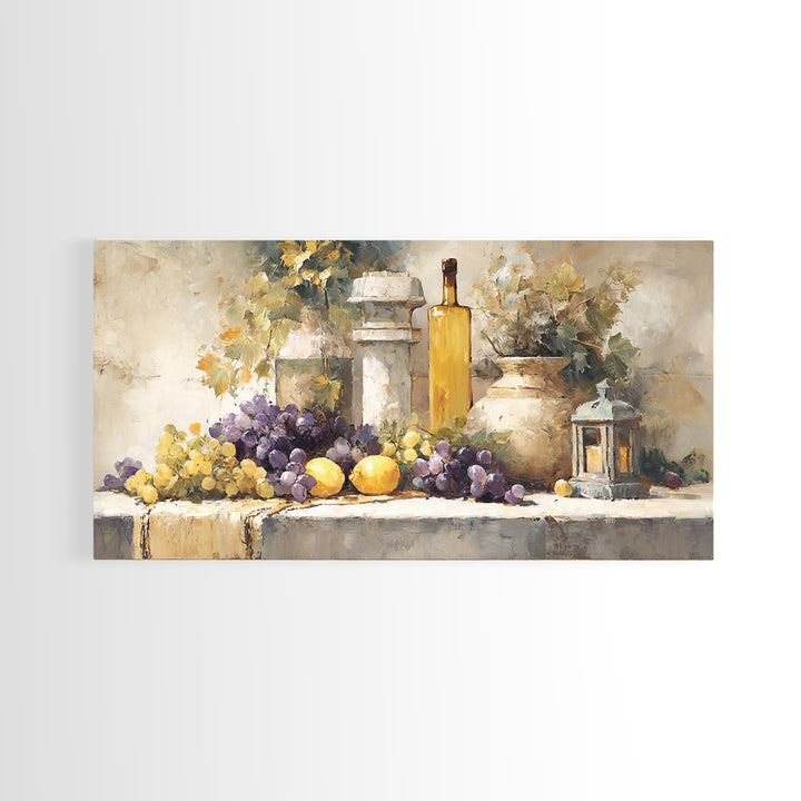 Grapes and Wine Still Life Canvas Print, French Country Art, Farmhouse Decor, Oil Painting, Country, Digital Wall Art, FCA-2x1-77